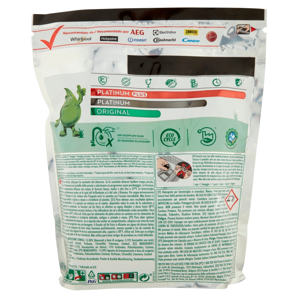 Fairy Pastiglie Lavastoviglie Platinum Plus Anti-Opaco, Detersivo Piatti Limone, 56 Capsule 869 g
